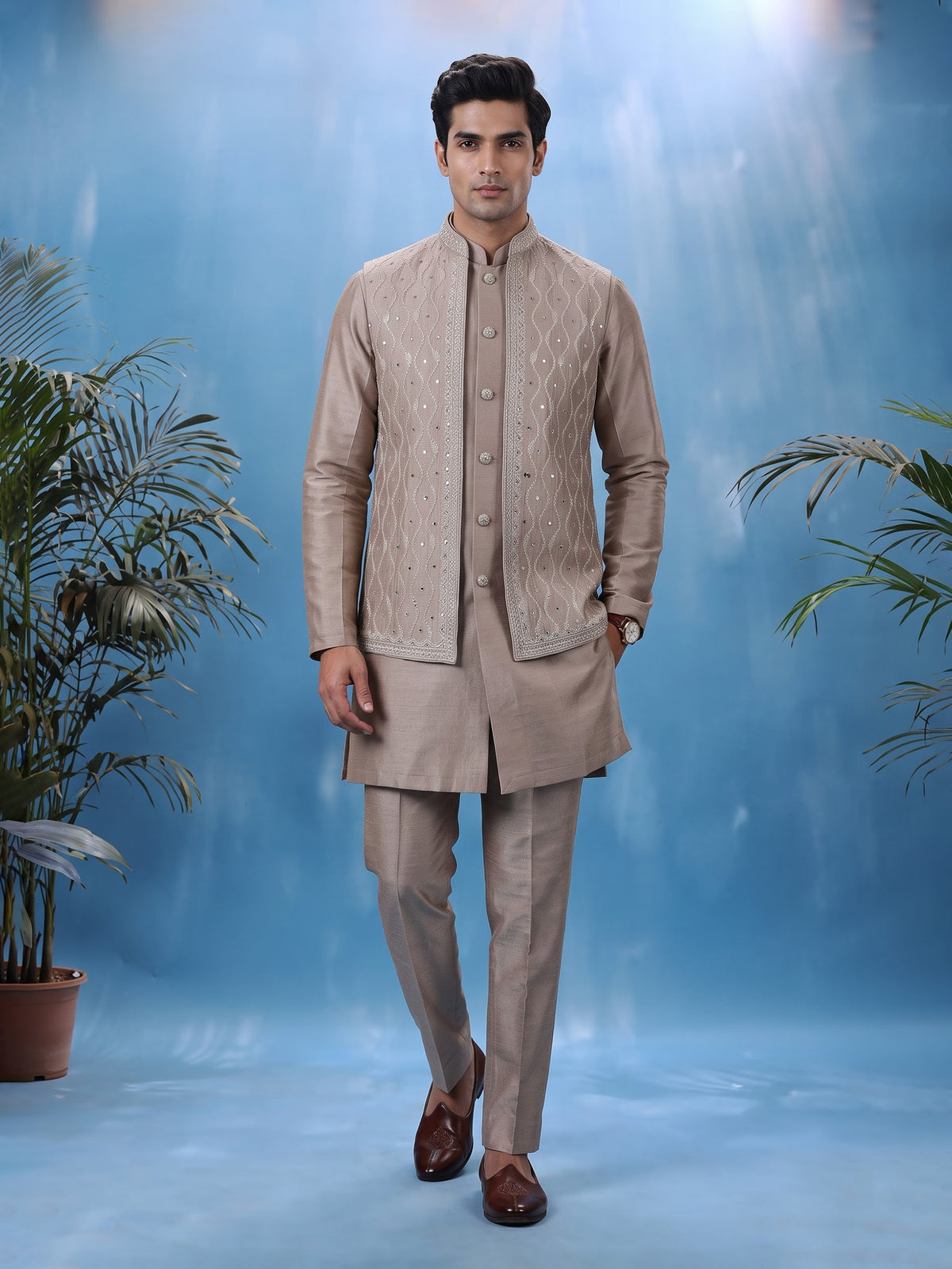 Pastel beige silk mens waistcoat set with geometric aabla accents