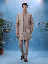Pastel beige silk mens waistcoat set with geometric aabla accents