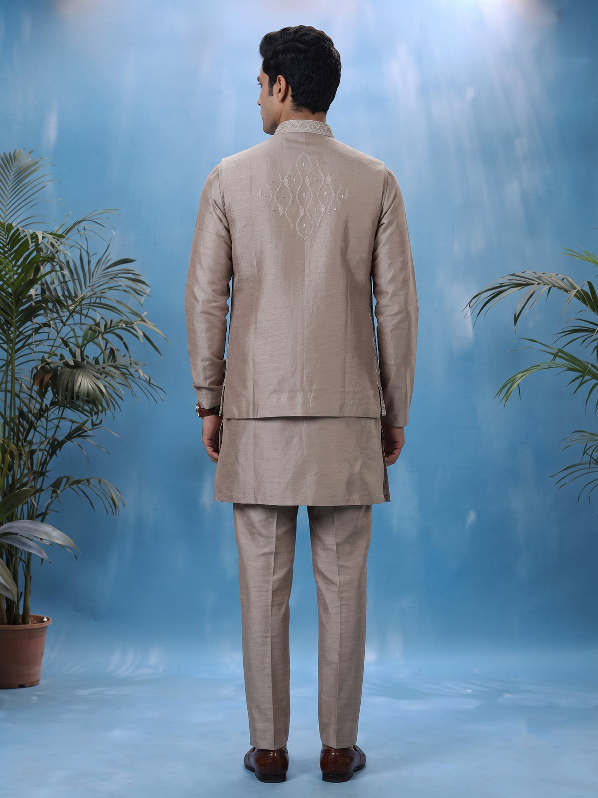 Pastel beige silk mens waistcoat set with geometric aabla accents