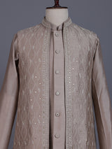 Pastel beige silk mens waistcoat set with geometric aabla accents