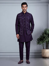 Purple silk mens waistcoat set with floral embroidery and aabla