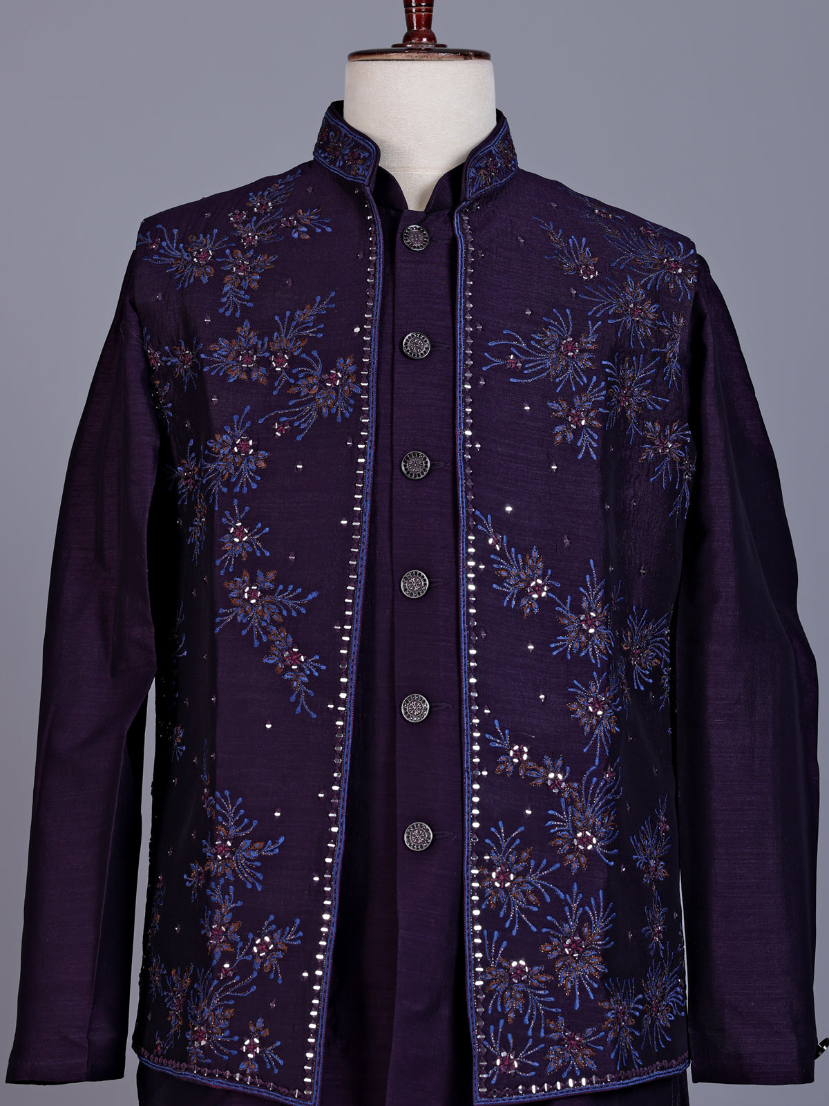 Purple silk mens waistcoat set with floral embroidery and aabla