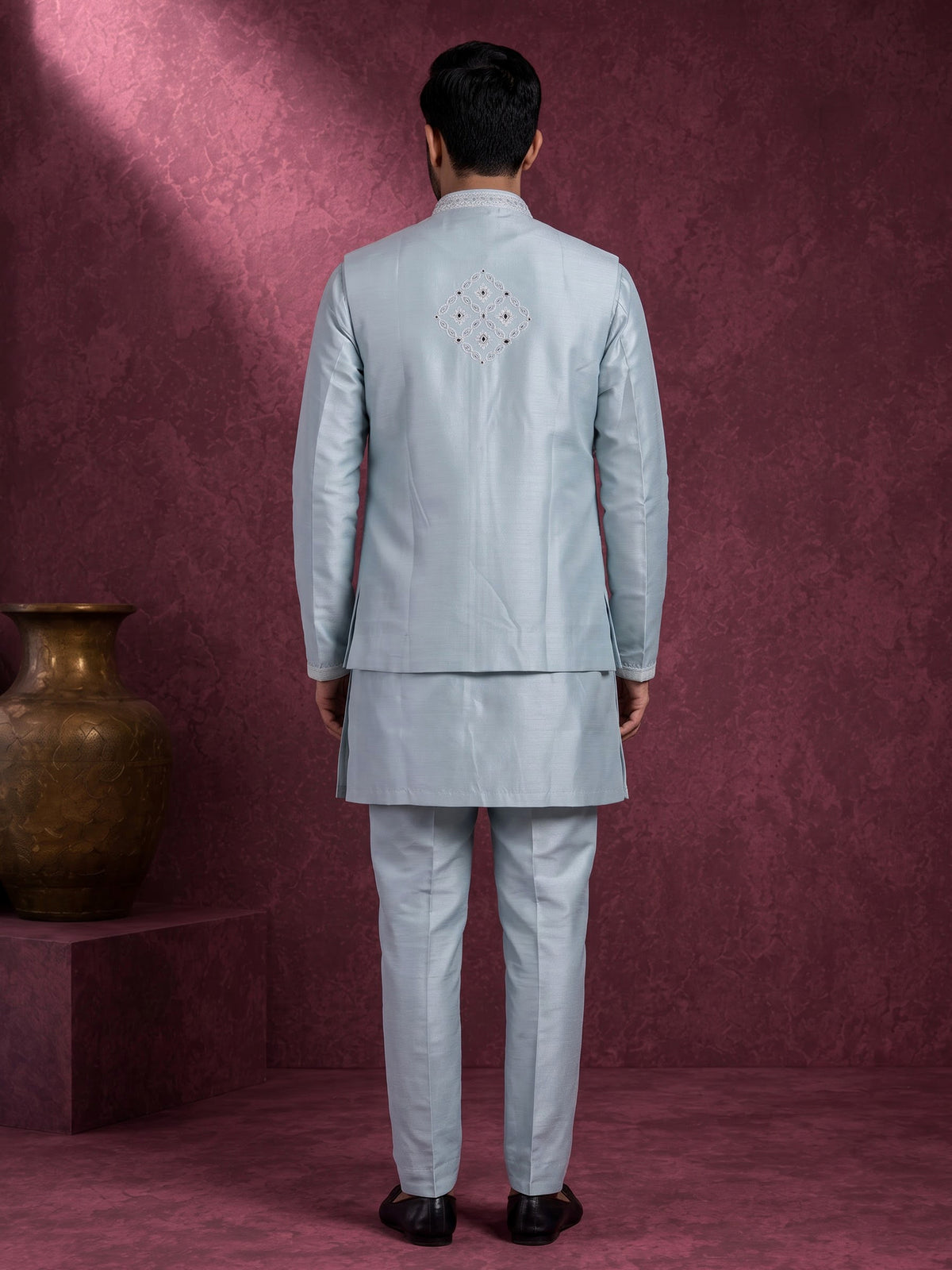 Pastel ice blue silk mens waistcoat set with aabla detailing