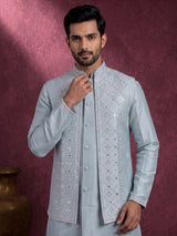 Pastel ice blue silk mens waistcoat set with aabla detailing