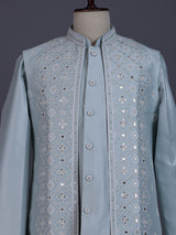 Pastel ice blue silk mens waistcoat set with aabla detailing