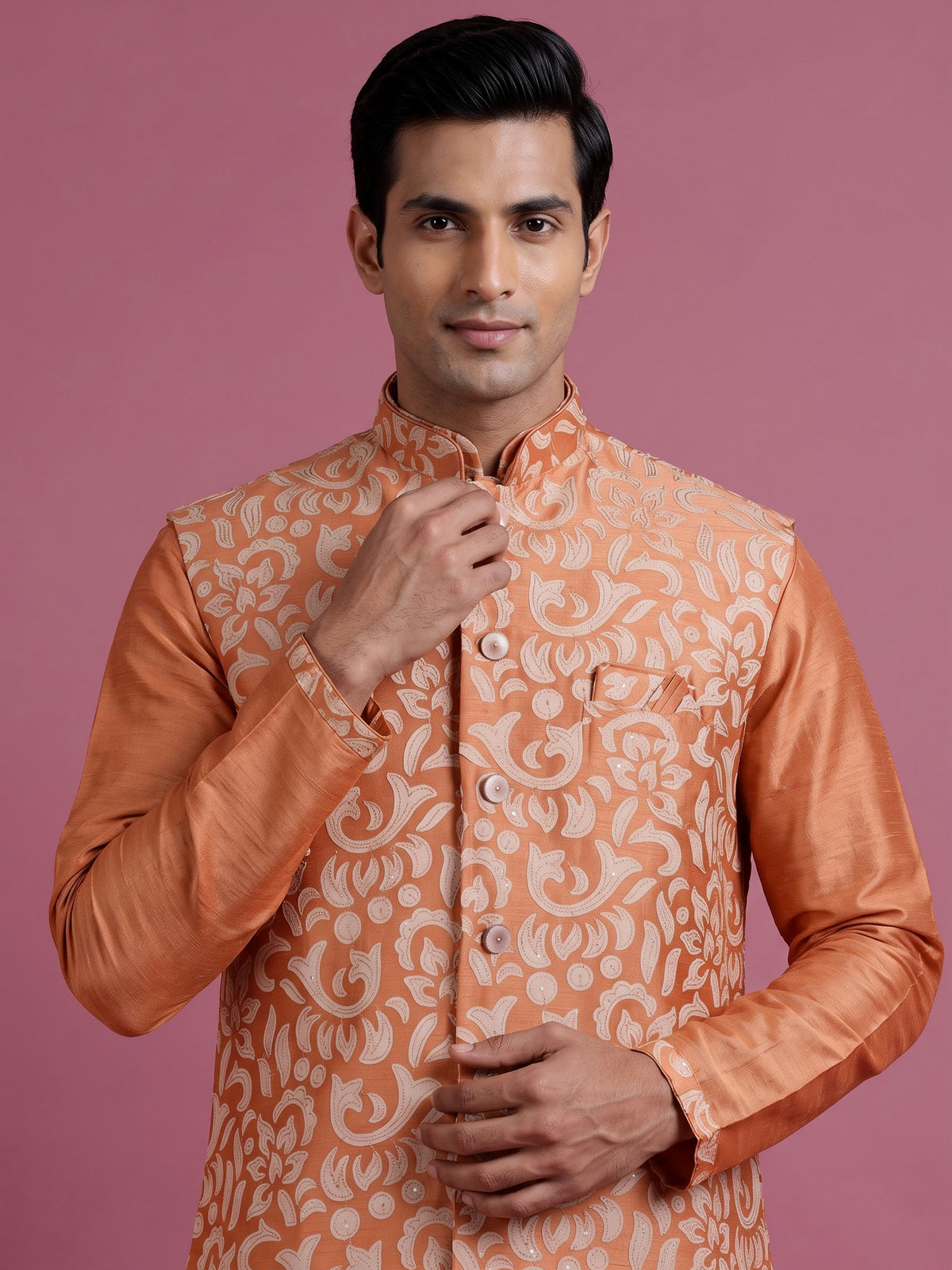 Peach silk mens waistcoat set with botanical sequin weave detailing