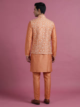 Peach silk mens waistcoat set with botanical sequin weave detailing