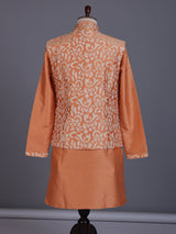 Peach silk mens waistcoat set with botanical sequin weave detailing