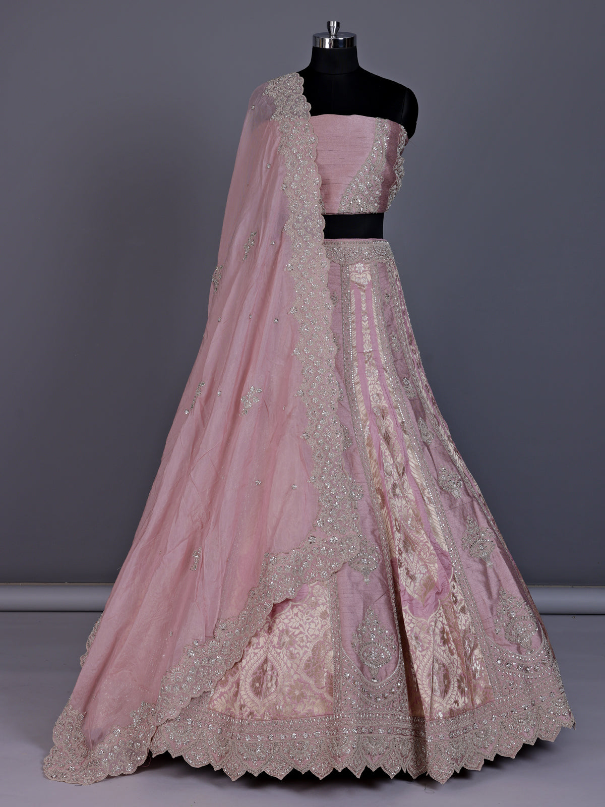 Pink silk unstitched wedding wear lehenga choli