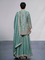 Pastel mint blue silk palazzo suit with sequins and tassel detailing