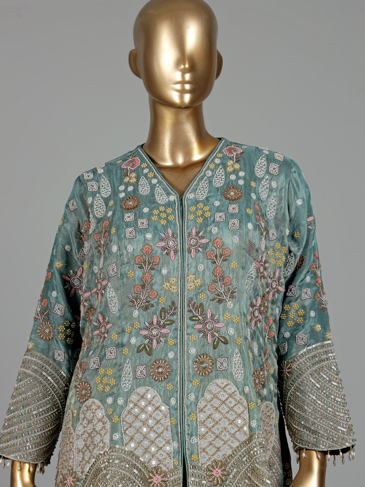 Pastel mint blue silk palazzo suit with sequins and tassel detailing