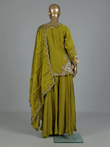Mehendi green satin silk palazzo suit with zardosi embellishments