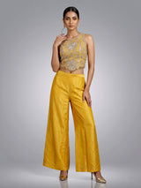 Mustard yellow silk palazzo suit with cutdana and sequin detailing