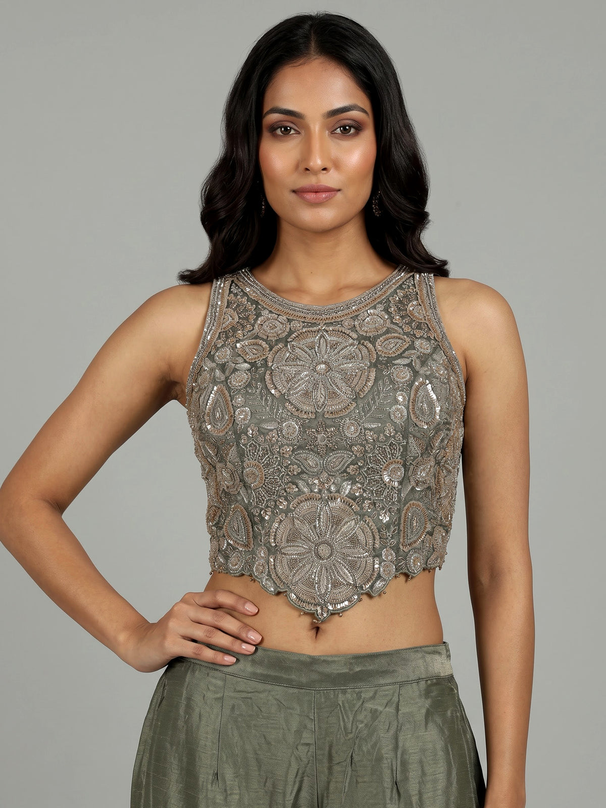 Pastel pista green silk palazzo suit with resham embellishments