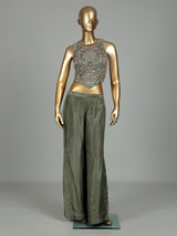Pastel pista green silk palazzo suit with resham embellishments