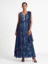 Blue printed georgette silk anarkali with zardosi and aabla detailing