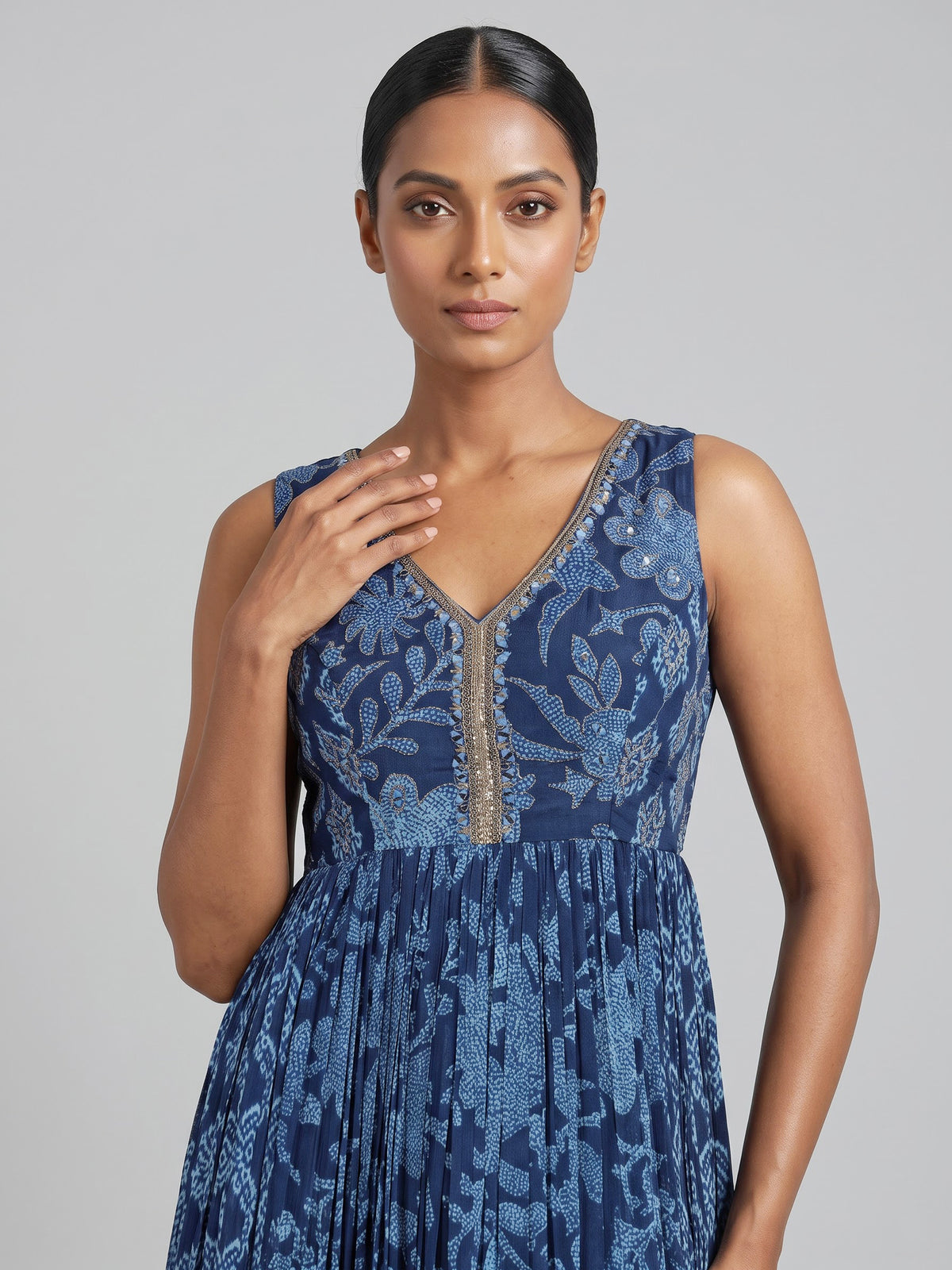 Blue printed georgette silk anarkali with zardosi and aabla detailing