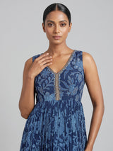 Blue printed georgette silk anarkali with zardosi and aabla detailing
