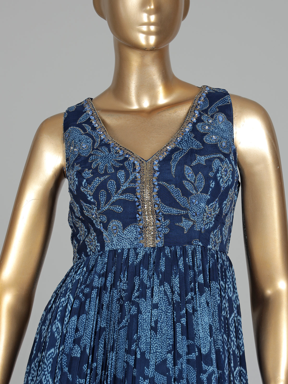Blue printed georgette silk anarkali with zardosi and aabla detailing