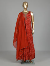 Rust red printed georgette silk anarkali with aabla embellishments