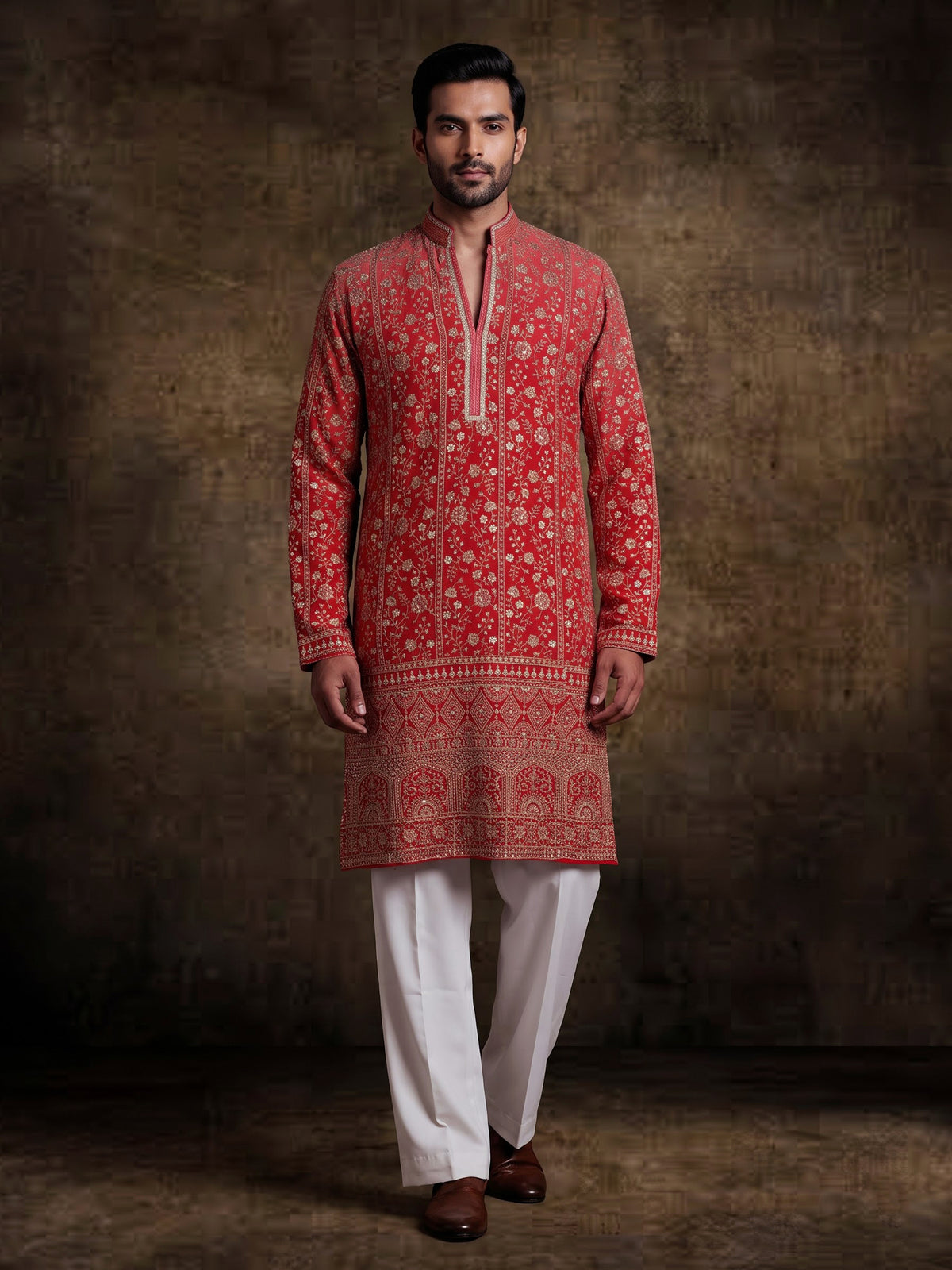 Red georgette mens kurta suit with heavy festive embroidery detailing