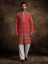 Red georgette mens kurta suit with heavy festive embroidery detailing
