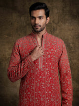 Red georgette mens kurta suit with heavy festive embroidery detailing