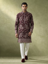 Wine velvet mens kurta suit with mirror stone sequin embroidery