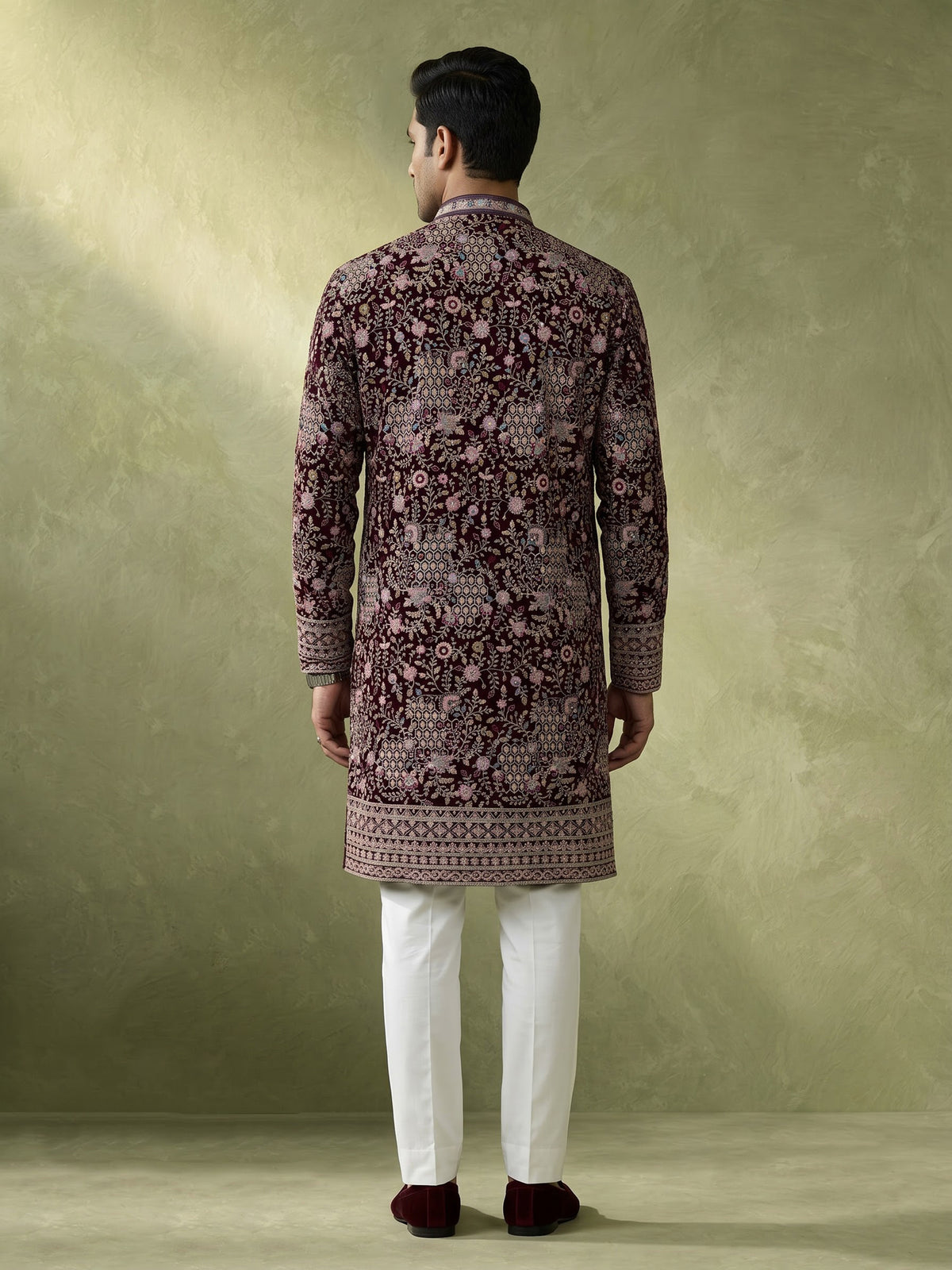Wine velvet mens kurta suit with mirror stone sequin embroidery