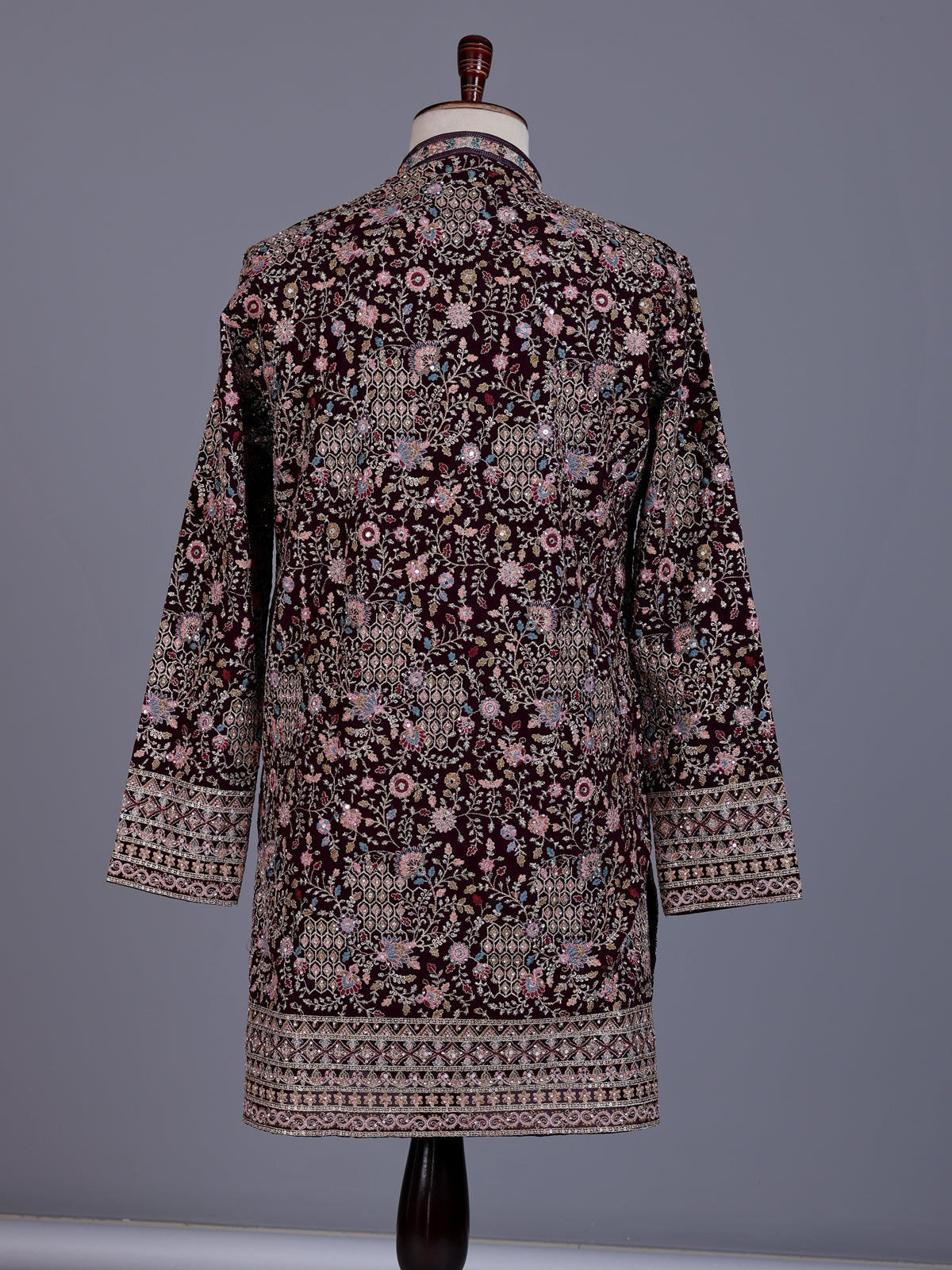 Wine velvet mens kurta suit with mirror stone sequin embroidery
