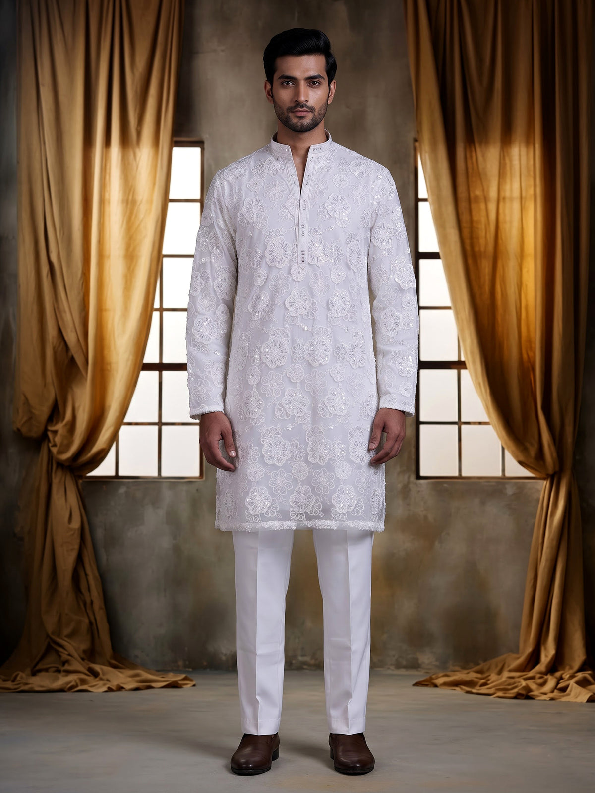 White net mens kurta suit with floral sequin aabla embroidery