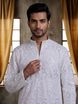 White net mens kurta suit with floral sequin aabla embroidery