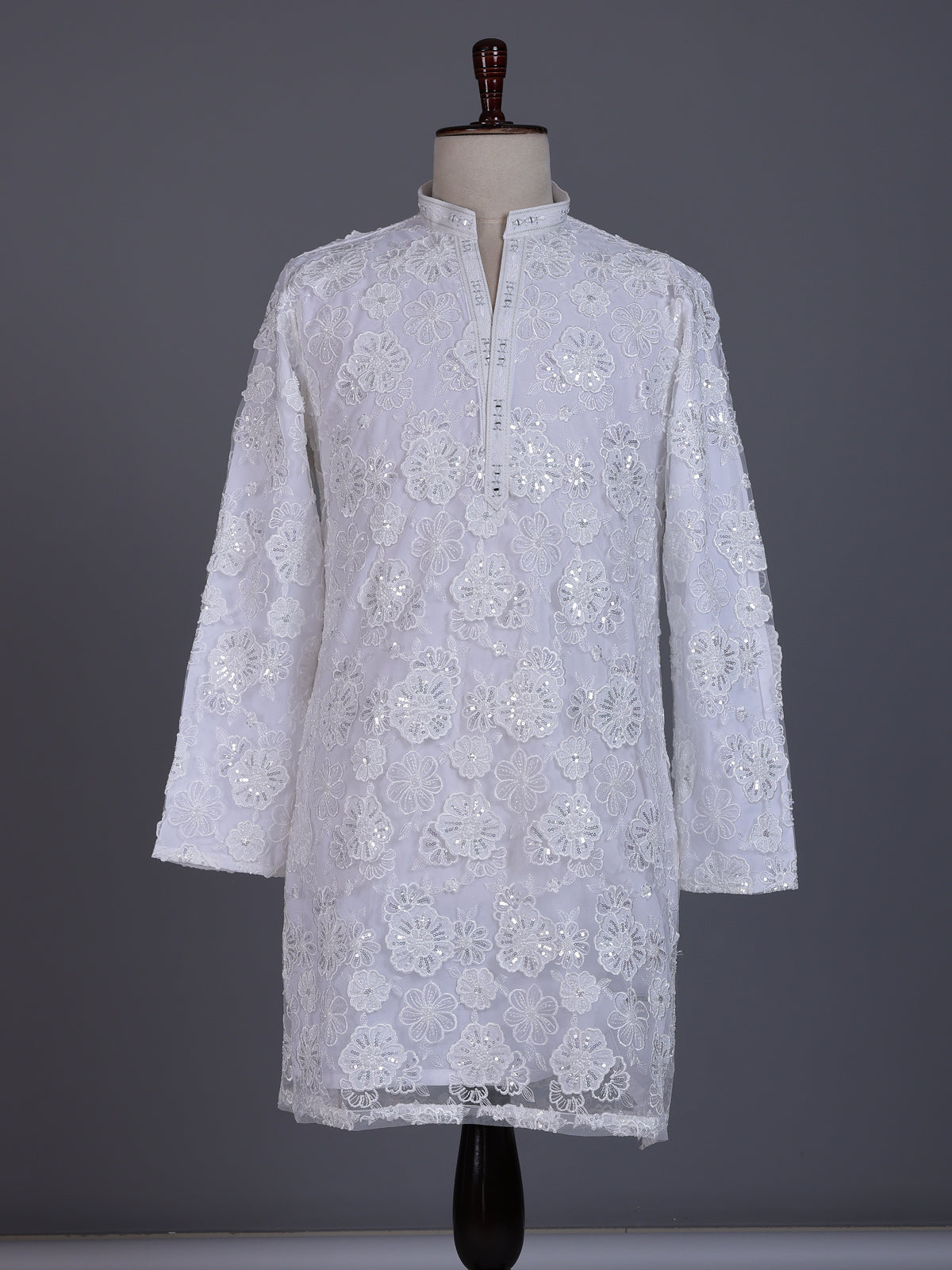 White net mens kurta suit with floral sequin aabla embroidery