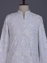White net mens kurta suit with floral sequin aabla embroidery