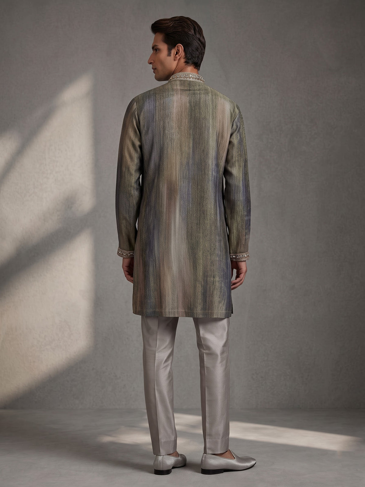 Pastel grey chiffon georgette mens kurta suit with zardosi yoke