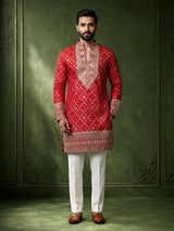 Red silk mens kurta suit with bandhani print and zari yoke