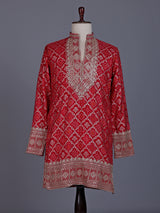 Red silk mens kurta suit with bandhani print and zari yoke