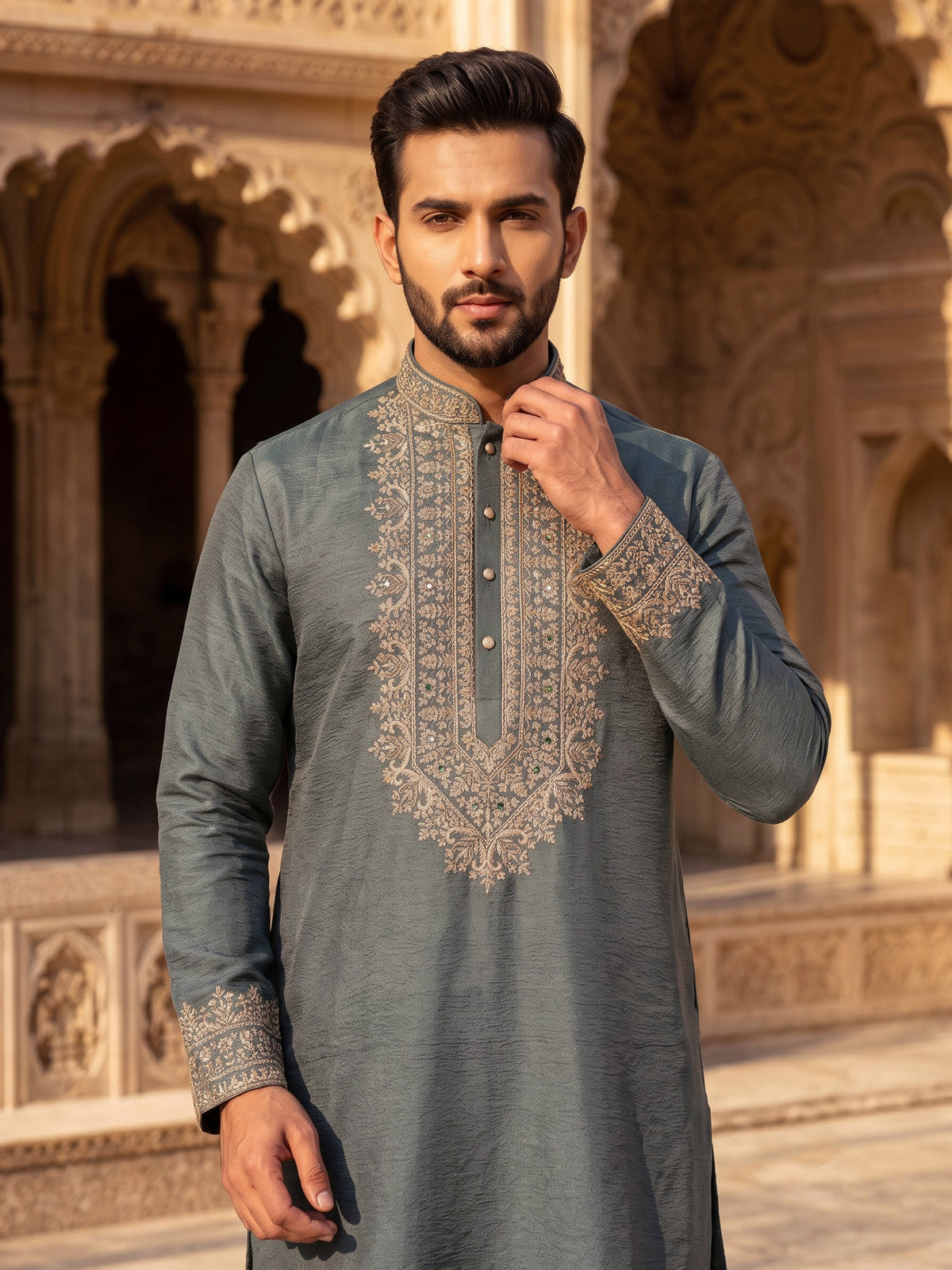 Pista green silk mens kurta suit with mirror bead embroidery