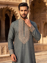 Pista green silk mens kurta suit with mirror bead embroidery