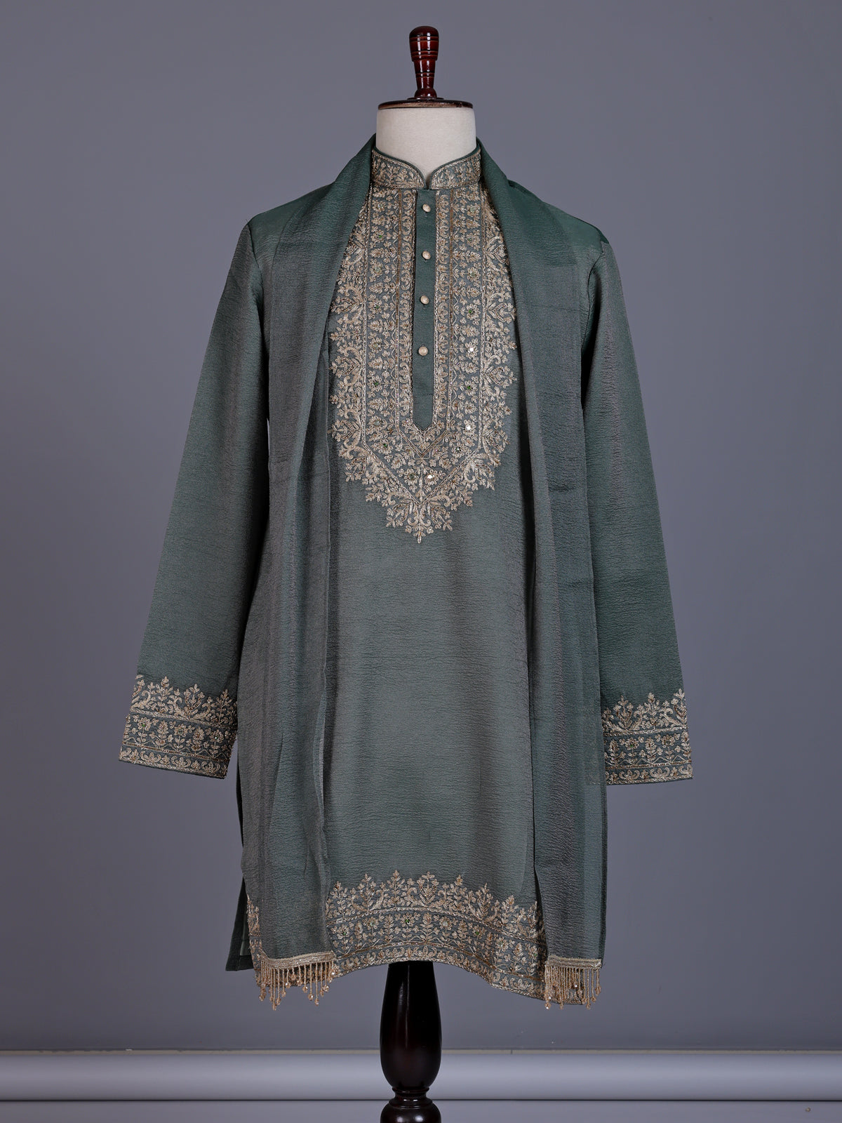 Pista green silk mens kurta suit with mirror bead embroidery