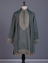 Pista green silk mens kurta suit with mirror bead embroidery
