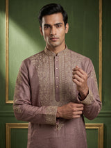 Pastel light wine silk mens kurta suit with embellished yoke