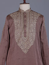 Pastel light wine silk mens kurta suit with embellished yoke