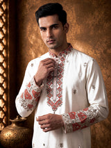 White silk mens kurta suit with bandhani dupatta and embroidery