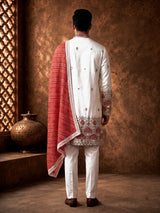White silk mens kurta suit with bandhani dupatta and embroidery