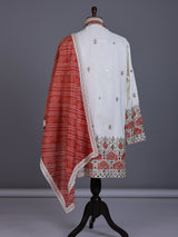 White silk mens kurta suit with bandhani dupatta and embroidery