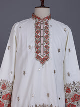 White silk mens kurta suit with bandhani dupatta and embroidery