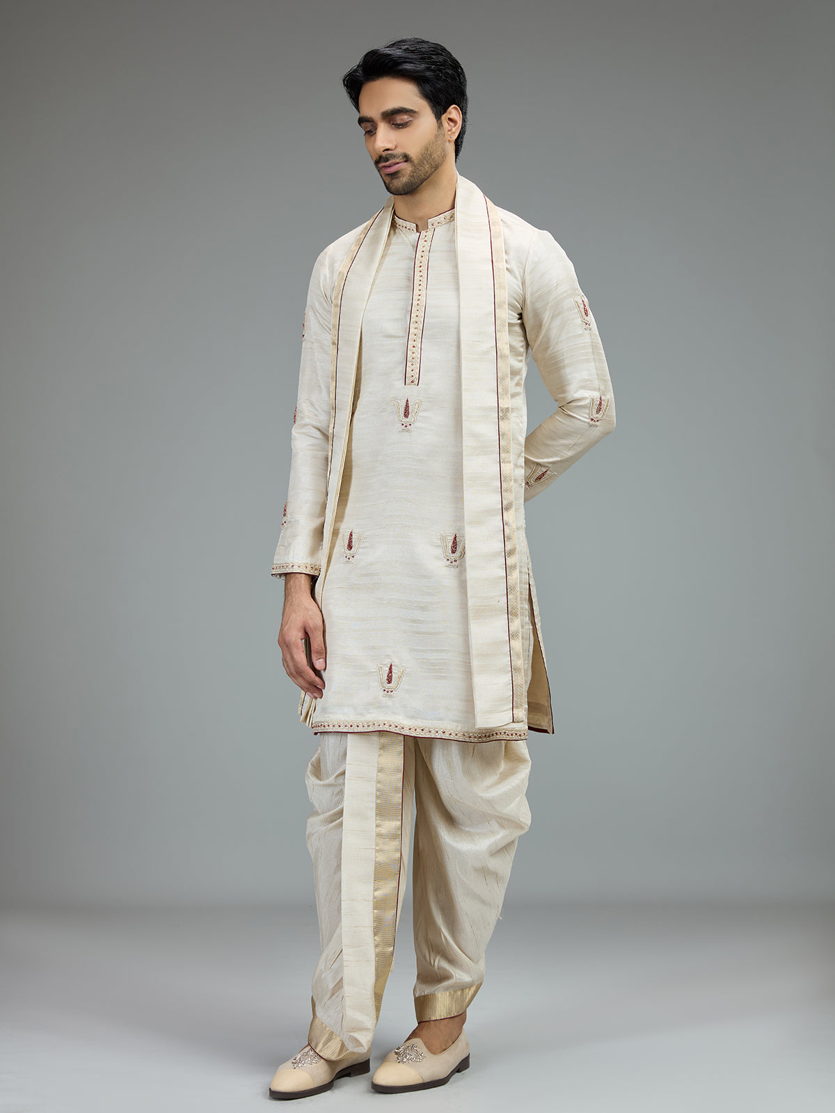 Cream embroidered dhoti kurta suit for men