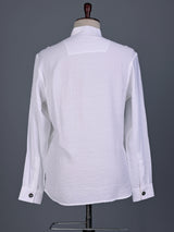 White solid textured shirt style cotton blend kurta for mens