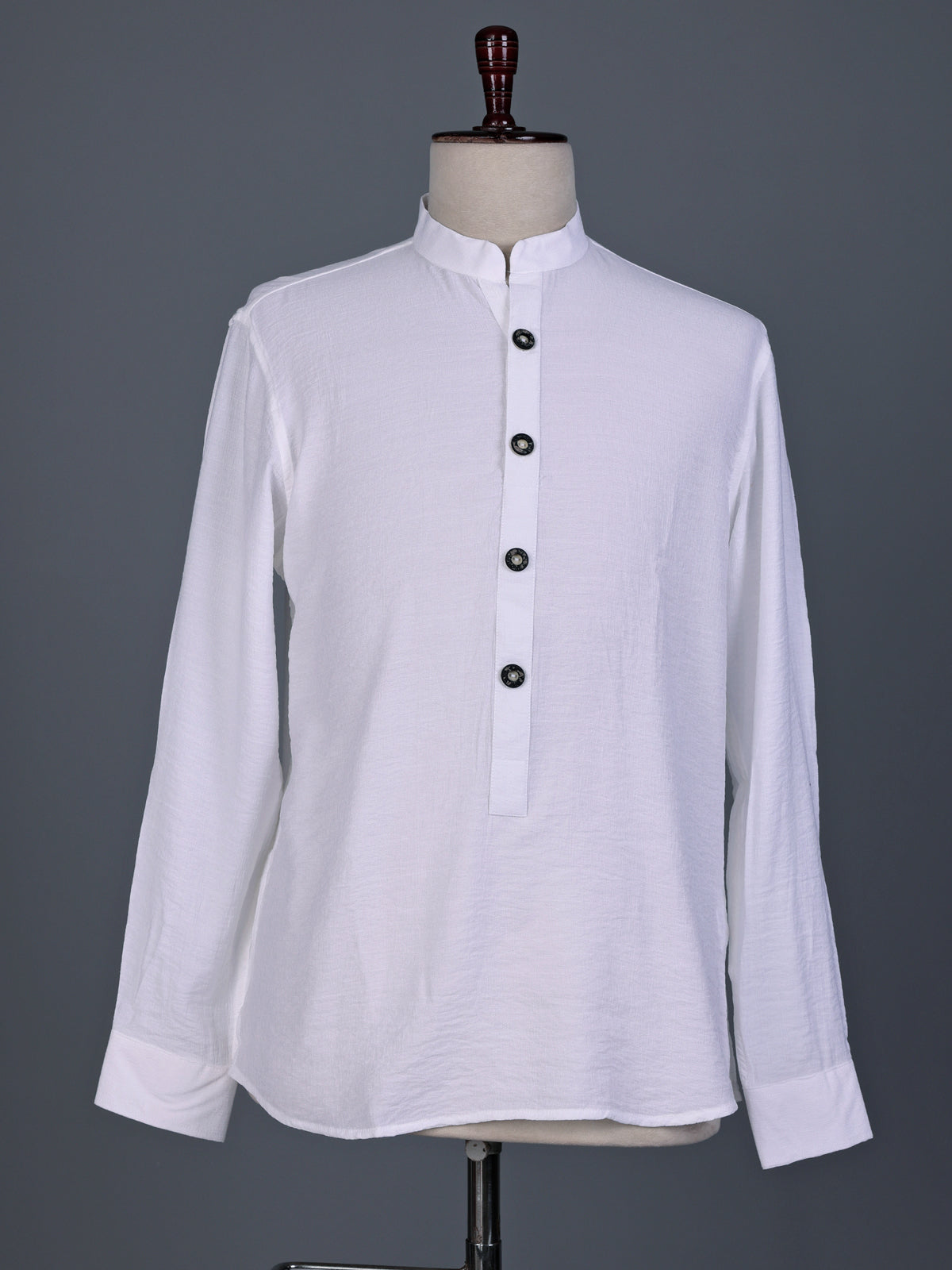 White solid textured shirt style cotton blend kurta for mens